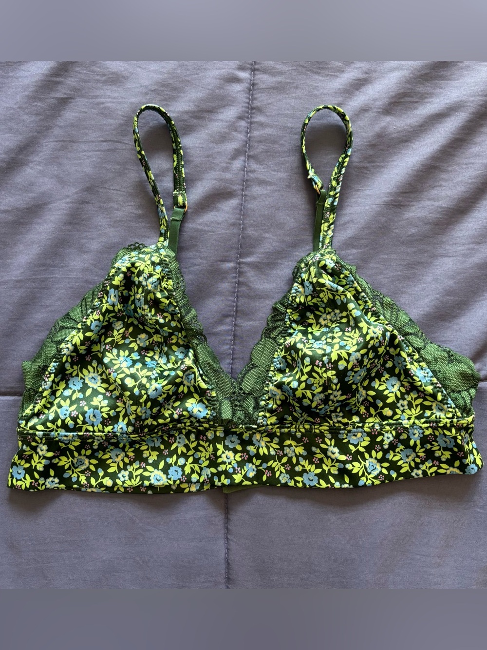 Aerie Green Floral Bralette With Lace Trim